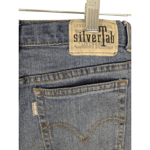 Levis Silver Tab Jeans 14/26 Reg Blue Mini Mom Distressed Denim Adjustable Waist - Picture 7 of 10